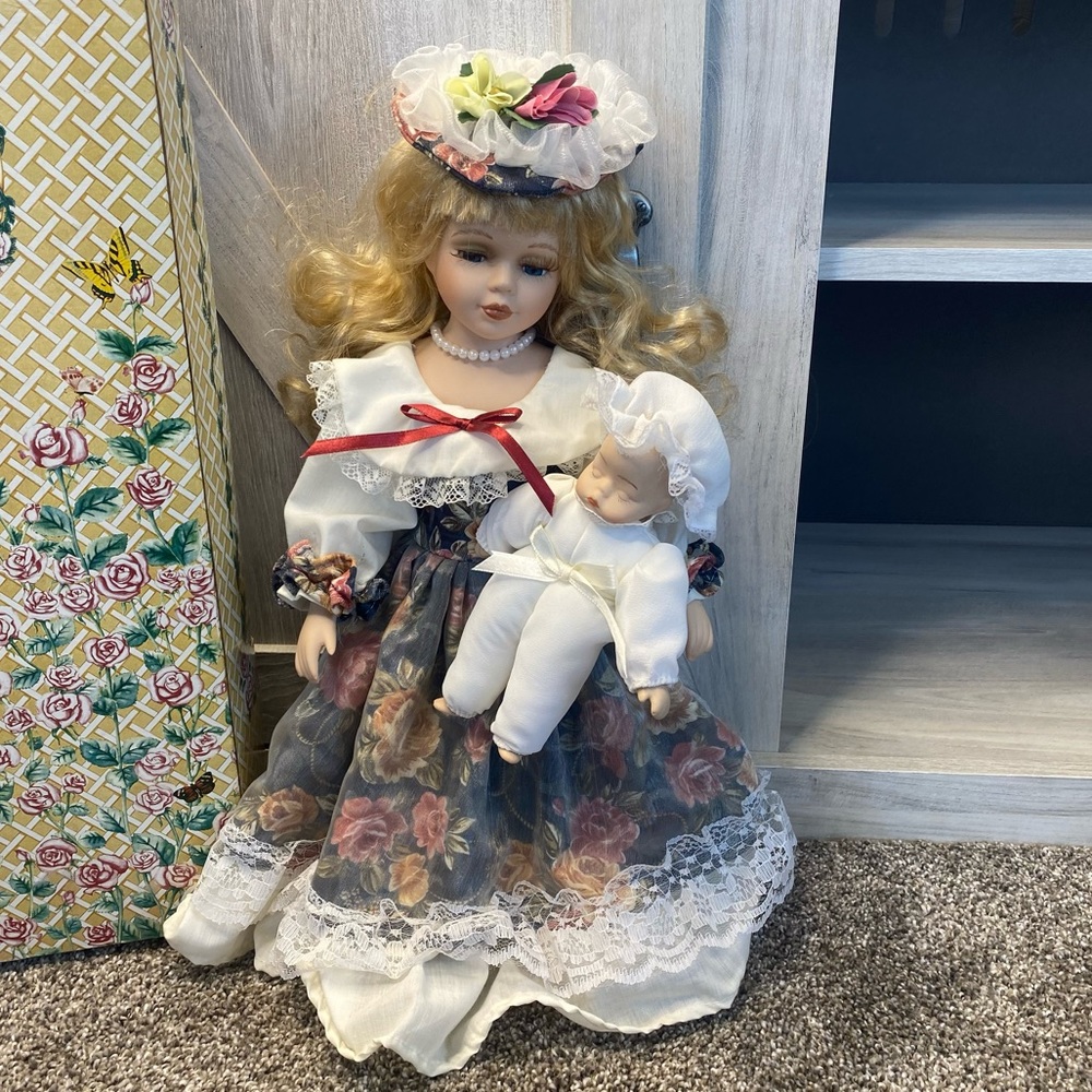 Elegant Porcelain Doll with Baby - Floral Dress